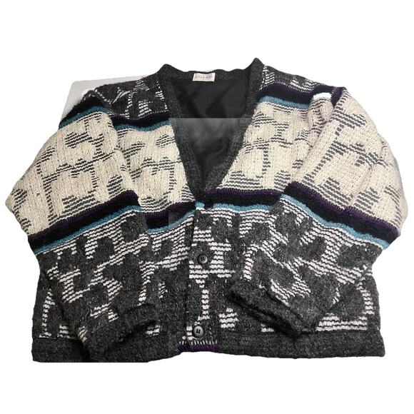 Vintage Allen Wah 80s Lambswool Cardigan Oversized Stripe Abstract Large - Picture 1 of 5